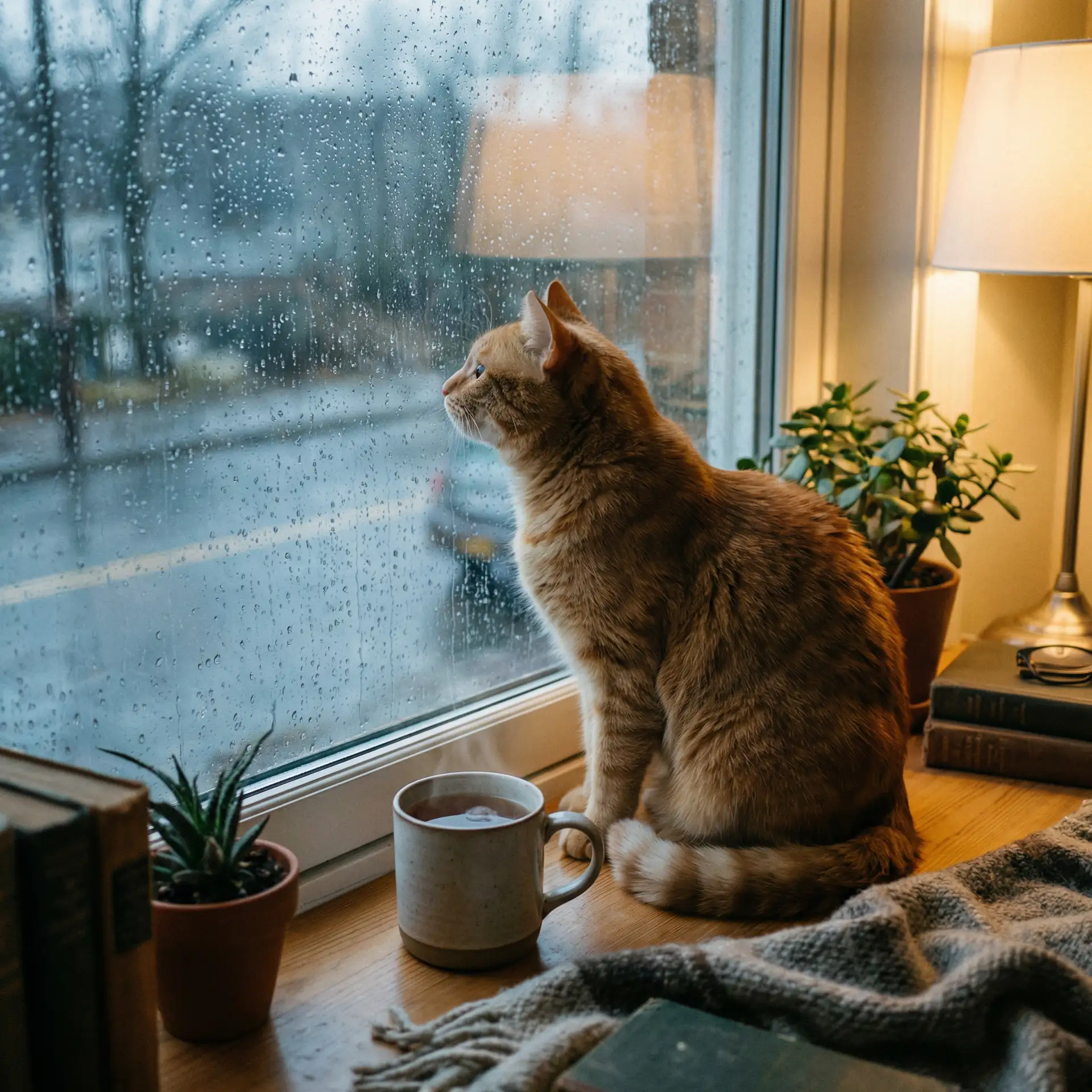 猫咪望着窗外的雨 - 香蒸焦蕉伊在线